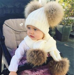 Hats Winter Two Pom Hat Real Fur For Kids Fashion Warm Knitted Scarf With Ball