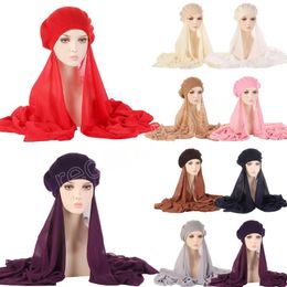 Muslim Women Chiffon Hijab Headscarf With Beret Cap Soft Bonnet Islamic Head Wrap Ready To Wear Instant Caps Turban Headwear