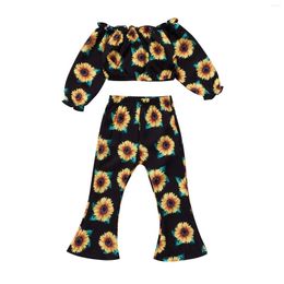 Clothing Sets 9M-4T Infant Kids Baby Girls Sunflower Print Clothes Set Long Sleeve Off-shoulder Cropped Tops Flared Trousers