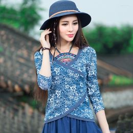 Ethnic Clothing Chinese Style Women Print Tops 2022 Spring Long Sleeve Blouse Hanfu Ladies 12665