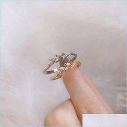 With Side Stones With Side Stones Delicate Tiny Olive Leaves Rings For Women Rose Gold Colour Inlaid Zircon Wedding Couple Promise Jew Dhtpn