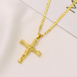 Pendant Necklaces Jesus Crucifix Cross 22k Fine Yellow Gold FINISH Italian Figaro Link Chain Necklace 24" 3mm Womens Mens