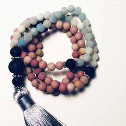 Chains 8mm Lava Stone 6mm Matte Amazonite & Rhodonite Mala Necklaces 108 Beads Necklace Tassel Yoga Gift For Women