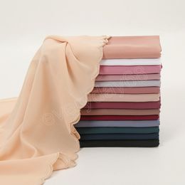 Plain Embroidered Scarf Chiffon Hijabs for Women Solid Colour Chiffon Shawl Wrap Muslim Woman Hijab Scallop Embroidery Headscarf