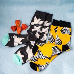 Men's Socks 1 Pair Men Combed Cotton 90 Styles Art Fruit Plaid Oil Painting Cartoon Flower Egg Wave Sushi Dot Tree Funny