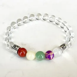 Strand MG1648 Fashion Womens Cancer Zodiac Bracelet 8 MM Clear Quartz Crown Chakra Stone Yoga Wrist Mala Natural Gemstone Jewellery