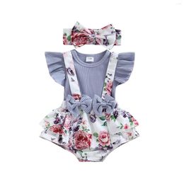 Clothing Sets Infant Baby Girl Romper Round Neck Ruffle Sleeve Bowknot Decorated Floral Printed Patchwork Headband 0-18M