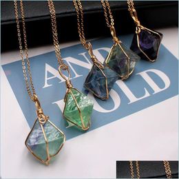 Charms Natural Fluorite Necklace Pendants Jewellery Fashion Octahedron Chain Pendant Colorf Firefly Handmade Charms Drop Delivery 202 Dhaz0