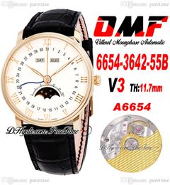 OMF Villeret Função complicada A6554 Relógio automático de homens V3 40mm 6654-3642-55b Dial branco rosa Dial branco Marcadores romanos Strap de couro preto Super edição PureTime F6