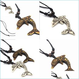 Pendant Necklaces Dolphin Men Women Pendant Necklace Jewellery Wood Bead Sling Fashion Necklaces Imitation Bone Carving Chain Drop Deli Dhzgn