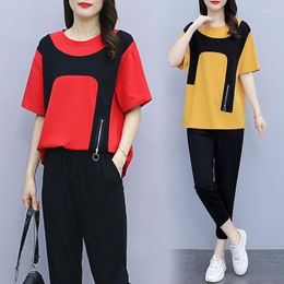 Women's Two Piece Pants Korean Summer Zipper Contrast Tracksuit 2 Peice Set Women Short Sleeve Female Red T-shirt Tops Suit Casual