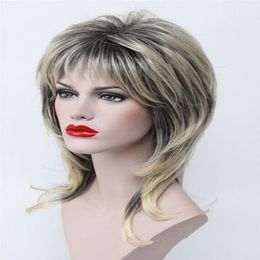 Ladies Wig Black Blonde Mix Medium Curly Women Natural Cosplay Wig