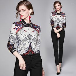 Women's Blouses Spring Summer Fall Runway Vintage Print Collar Button Front Long Sleeve Womens Ladies Party OL Casual Top Shirts Blouse