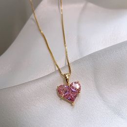 Pink Lover Heart Pendant Necklaces Gold Plated Crystal Clavicle Chain for Women Gift