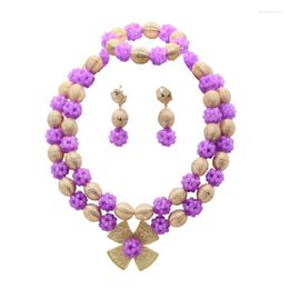 Necklace Earrings Set & Fashion 2 Layers Lavender Stone Ball Dubai Gold Bead Accessorise Women Purple Jewellery Wedding Party Love Gift FT268