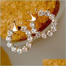 Stud Fashion Jewelry Shining Crystal Round Circle Stud Earrings For Women Girl Gold Color Princess Crown Party Wedding Gift 1206 Drop Dhreb