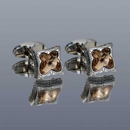 Cufflinks for Men Silver Fashion Brown Crystal Square Formal Business Dress Shirt Button Cuff Links Wedding Gifts