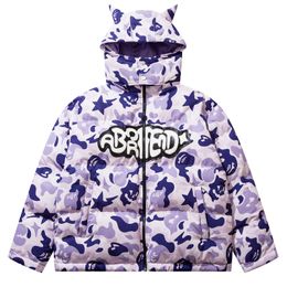 Hip Hop Removable Hooded Jacket Down Parkas Streetwear Camouflage Devil Horn Thicken Warm Bubble Padded Coats Harajuku Puffer Jackets