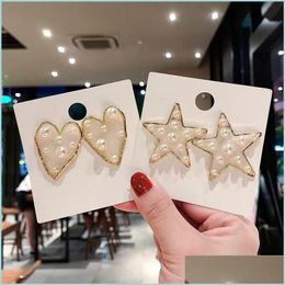 Stud Personality Ear Studs Love Heart Shaped Five Pointed Star Metal Pearl Set Fashion Korean Jewellery Women Earrings Christmas 4Xy K2 Dh4Qr