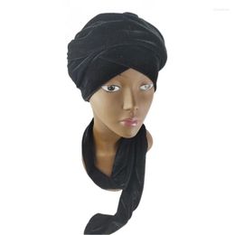 Beanies Beanie/Skull Caps Velvet Lace Up Headscarf Cap African Nigeria Solid Colour Women Wrapped Turban Long Streamers Hat Ethnic Style