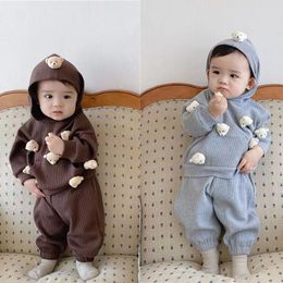 childrens clothing little bear hooded sweater sets top and trousers solid color cute cartoon long sleeve two piece set for boys and girls