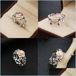 Band Rings Rose Gold Plating Rings Flower Retro Sier Plated Color Separation Hand Jewelry Women Gifts Valentines Day Wedding Ring Fas Dhai9