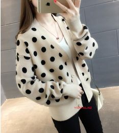 Women's Sweaters Loose Dot Print Short Knitted Cardigan Red Black V-Neck Long Sleeve Knit Jacket Coat Female