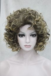 Cosplay Brown Mix With Golded Blonde Tip Curly Short Synthetic Hair Women's Wig