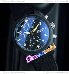 43mm Pilots IW389101 6S00 Quartz Chronograph Mens Watch Black Dial PVD Black Steel Case Nylon Leather Stopwatch Double Calendar New Watches Timezonewatch E124C5