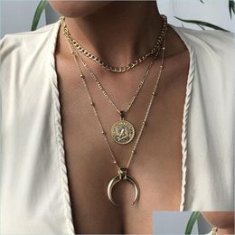 Gold Plated Lady layered pendant necklace with Multilayer Alloy Chain and Portrait Moon Coin Design - Fashionable and Personalized Jewelry for Women by DHLBG