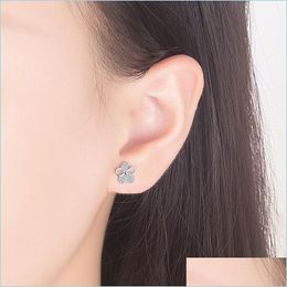 Stud 925 Sterling Sier Stud Earrings Woman Fashion Jewellery Retro Simple Plum Leaf Crystal Zircon Drop Delivery 2022 Earring Dhu1V