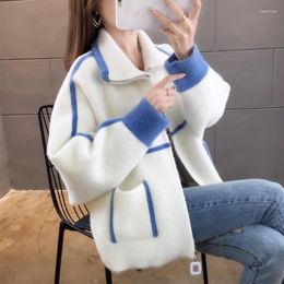 Women's Knits Winter Autumn Faux Mink Cashmere Cardigan Women Patchwork Sweater Loose Big Pocket Long Sleeve Short Zipper Jacket Coat Female