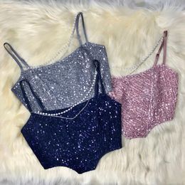 Women's Tanks Women's & Camis Summer Women Sexy Tops Sequins Beads Chain Backless Slash Neck Femme Tank Top Clothes