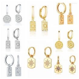 Hoop Earrings 925 Silver Ear Buckle Circle And Rectangle Pendant Earring For Women Gold Colour Fashion Retro Jewellery Gift