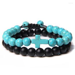 Strand 2pcs/set Blue Turquoises Beads Bracelet Natural Stone Jesus Cross Charm Buddha Energy Jewelry Gifts For Women Men