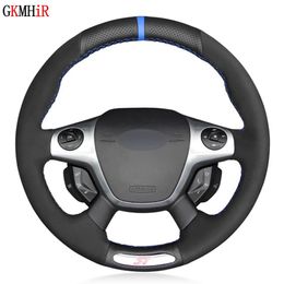 Car Steering Wheel Cover Hand-Stitched Black Genuine Leather Suede Car Steering Wheel Covers For Ford Focus ST 2012 2013 2014