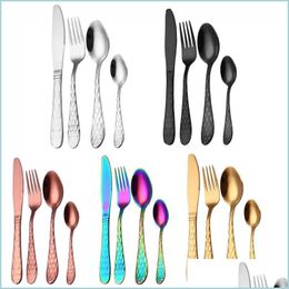 Flatware Sets 4Pcs/Set Stainless Steel Flatware Set Spoon/Fork/Knife Kit Water Cube Tableware Sets Cutlery Dinnerware Drop Delivery Dhvcj