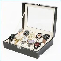 Jewelry Pouches Bags Jewelry Pouches Bags High Quality Watch Box Large 10 Grids Mens Black Pu Leather Display Case Organizer Storage Dh8Co