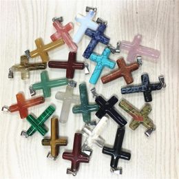 Pendant Necklaces Random Colour Mixing Natural Turquoises Stone Cross Pendants Necklace Charms For Women Men Jewellery Making 6pcs Wholesale