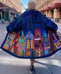 Frauen Wolle Vintage Haus Druck Lange Tops Jacke Frauen Mode Mantel Frühling Herbst Drehen-unten Kragen Oberbekleidung