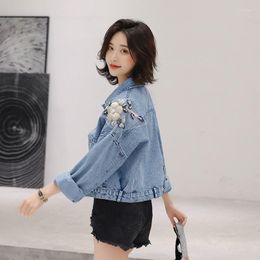 Women's Jackets Autumn Spring Women Short Denim Jacket Loose FIt Bf Style Beading Casual Jean Coats Female Flower Outerwear Lady