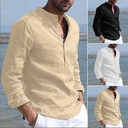 Men's Casual Shirts Men's Baggy Cotton Shirt Solid Long Sleeve Button Retro Tops Blouse Soft