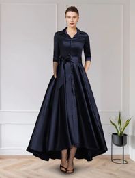 Dark Navy A-Line Mother of the Bride Dress Elegant V-Neck Asymmetrical Satin Half Sleeve Groom Guest Gowns With Sash 2022 Robe De Soiree