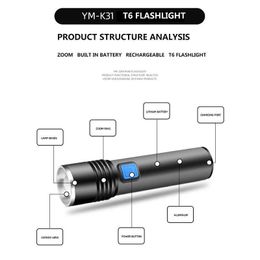 Torches Flashlights Zoomable 8000LM XM-L T6 Power Bank LED Flashlight Torch 3 Modes Switch Zoom Lens Built in Rechargeable Battery Camping Light L221014