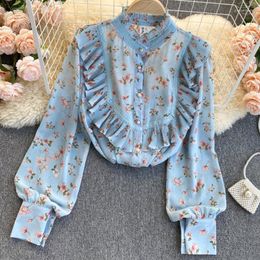 Women's Blouses Women's & Shirts Women Summer Chiffon Blouse 2022 Floral Print Long Sleeve Stand Collar Ruffles Loose Casual Lace