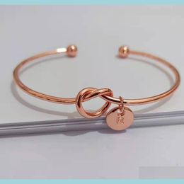 Charm Bracelets 26 Letter Rose Gold Sier Colour Knot Heart Bracelet Bangle Girl Fashion Jewellery Zinc Alloy Accessories Round Pendant Dhdfo