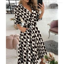 Casual Dresses Women's Dot Print Dress V-neck Lace Up Slim Hip Wrap Long Skirt Half Sleeve Temperament Vestidos Pockets Party