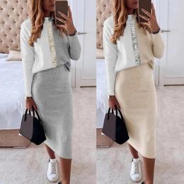 Two Piece Dress 1 Set Women Blouse Skirt Colour Block Letters Autumn Winter Crew Neck Pullover High Waist Slim-fitting Mid-Calf Suit