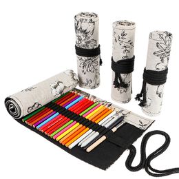 Black Peony Flower Print Pencil Bags Canvas Pen Curtain 24 36 48 72 Well Large Capacity Pencil Bag Sketch Colour Pencils Case 1223281