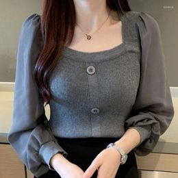 Women's Sweaters Square Neck Women Solid Pullover Casual Long Sleeve Knitted Tops Ladies Bodycon Patchwork Jumper Autumn 2022